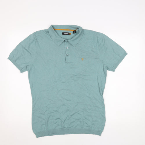 Farah Vintage Men's Green Knit Polo Shirt L Short Sleeve Collared