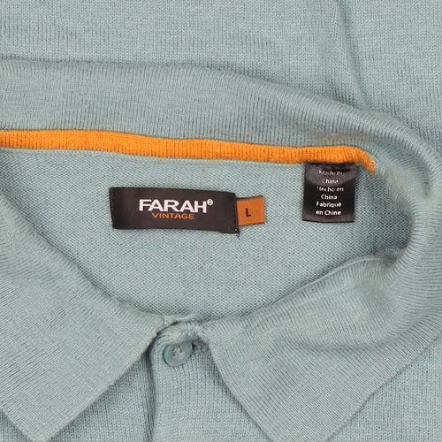 Farah Vintage Men's Green Knit Polo Shirt L Short Sleeve Collared