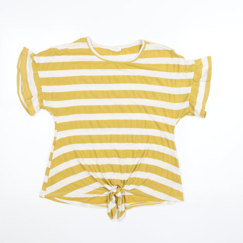 Melloday Women’s Yellow Striped Tie-Front Short Sleeve Cotton T-Shirt Size S