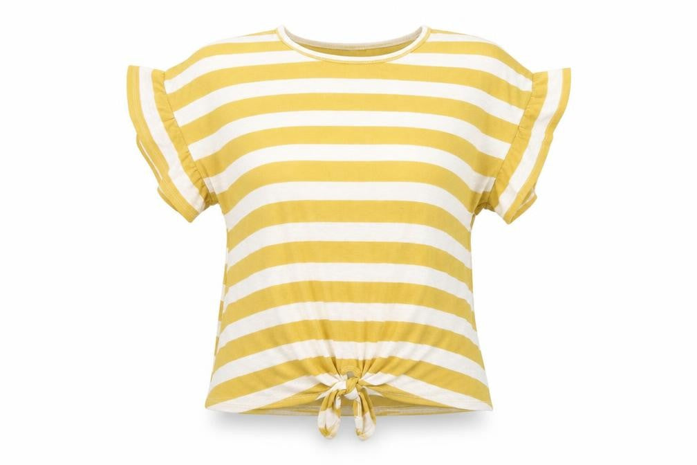 Melloday Women’s Yellow Striped Tie-Front Short Sleeve Cotton T-Shirt Size S