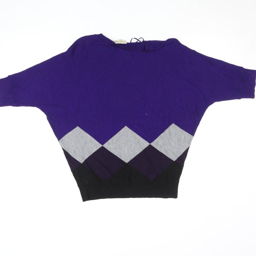 Phase Eight Womens Purple Argyle Knit Short Sleeve Relaxed Jumper XS