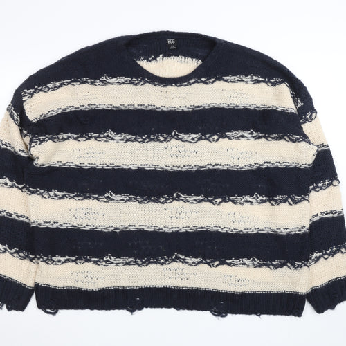 BDG Men Blue Cream Striped Open-Knit Pullover Jumper L