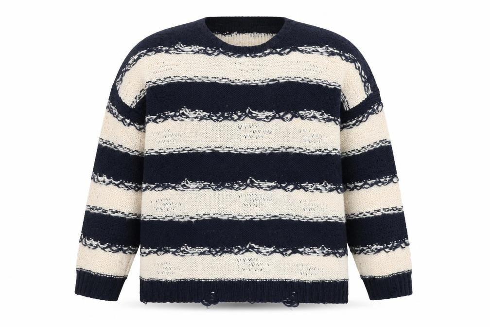 Front view of BDG Men Blue Cream Striped Open-Knit jumper L