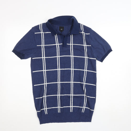 River Island Men's Blue Check Collared Short Sleeve Jumper Size S