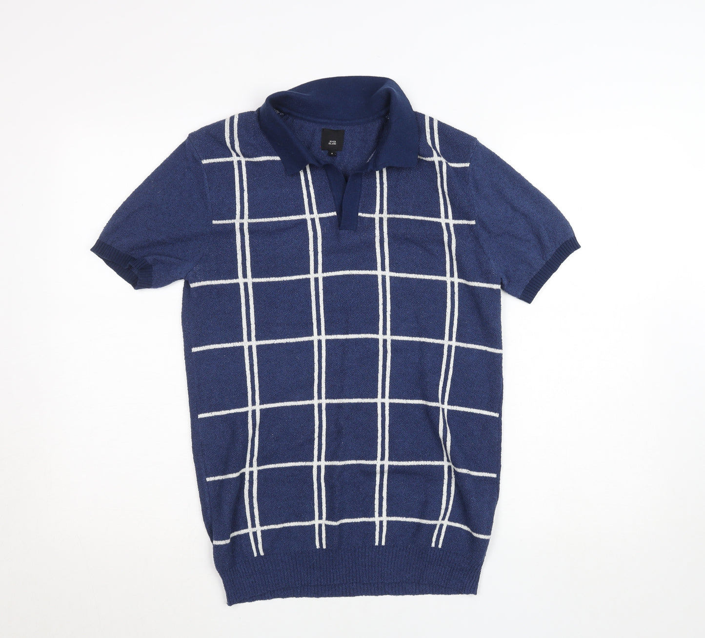 River Island Men's Blue Check Collared Short Sleeve Jumper Size S