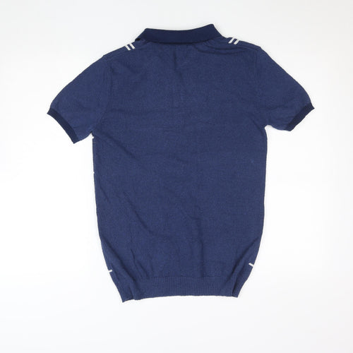 River Island Men's Blue Check Collared Short Sleeve Jumper Size S