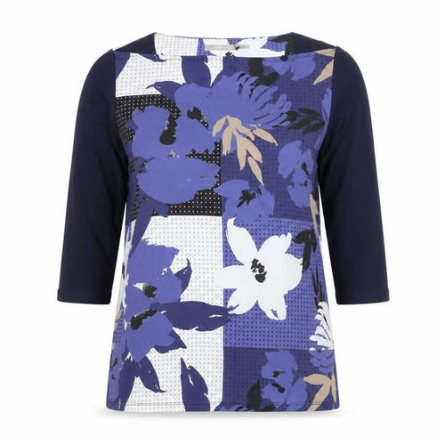 Fransa Womens Blue Floral 3/4 Sleeve Viscose T-Shirt Size S