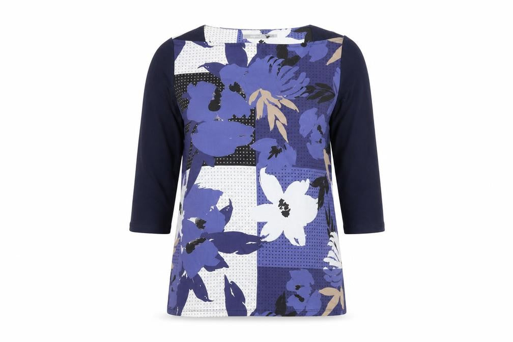 Fransa Womens Blue Floral 3/4 Sleeve Viscose T-Shirt Size S