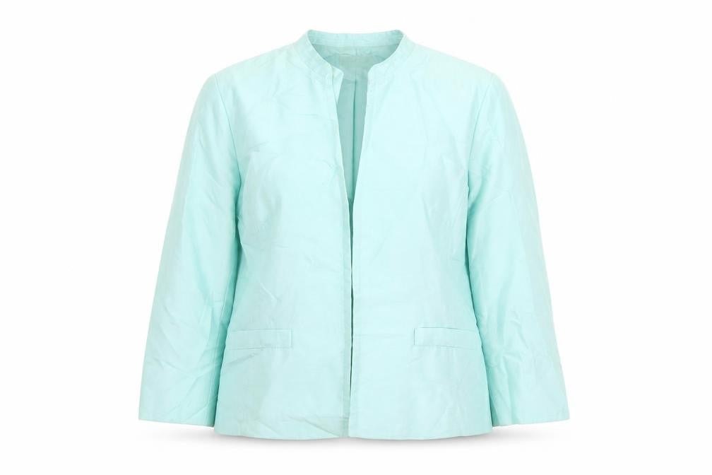 Front view of Platinum women’s green silk lined open front blazer, size UK 16