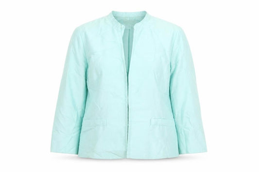 Front view of Platinum women’s green silk lined open front blazer, size UK 16
