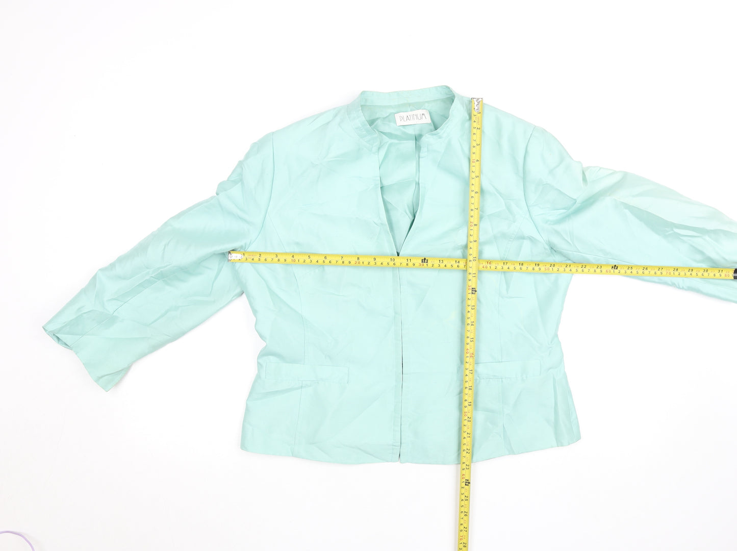Platinum Womens Green Silk Lined Open Front Blazer Size 16