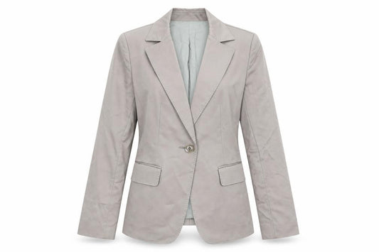 Front view of ICB Women's Beige Slim Fit Cotton Blend Blazer Jacket, size 8