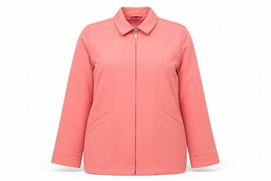 Front view of Klass Collection Women's Pink Mid-Length Zip Jacket, size 14