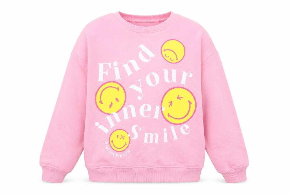 Front view of SmileyWorld women’s pink graphic pullover sweatshirt 2xs