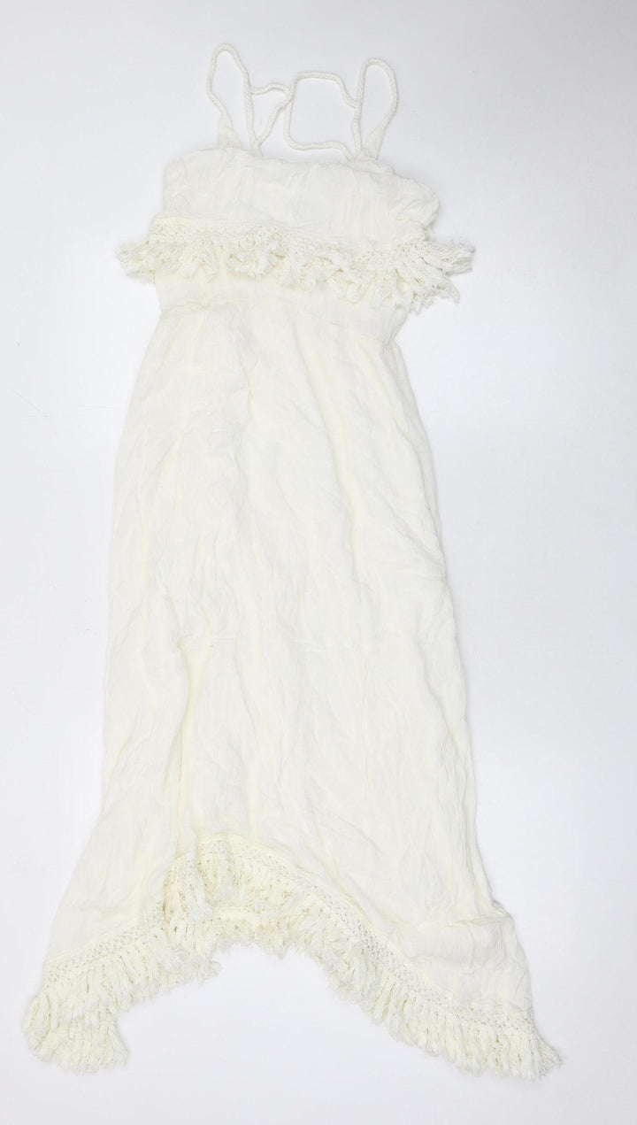 Jennyfer Women Ivory Crochet Fringe Boho Midi Slip Dress Size S