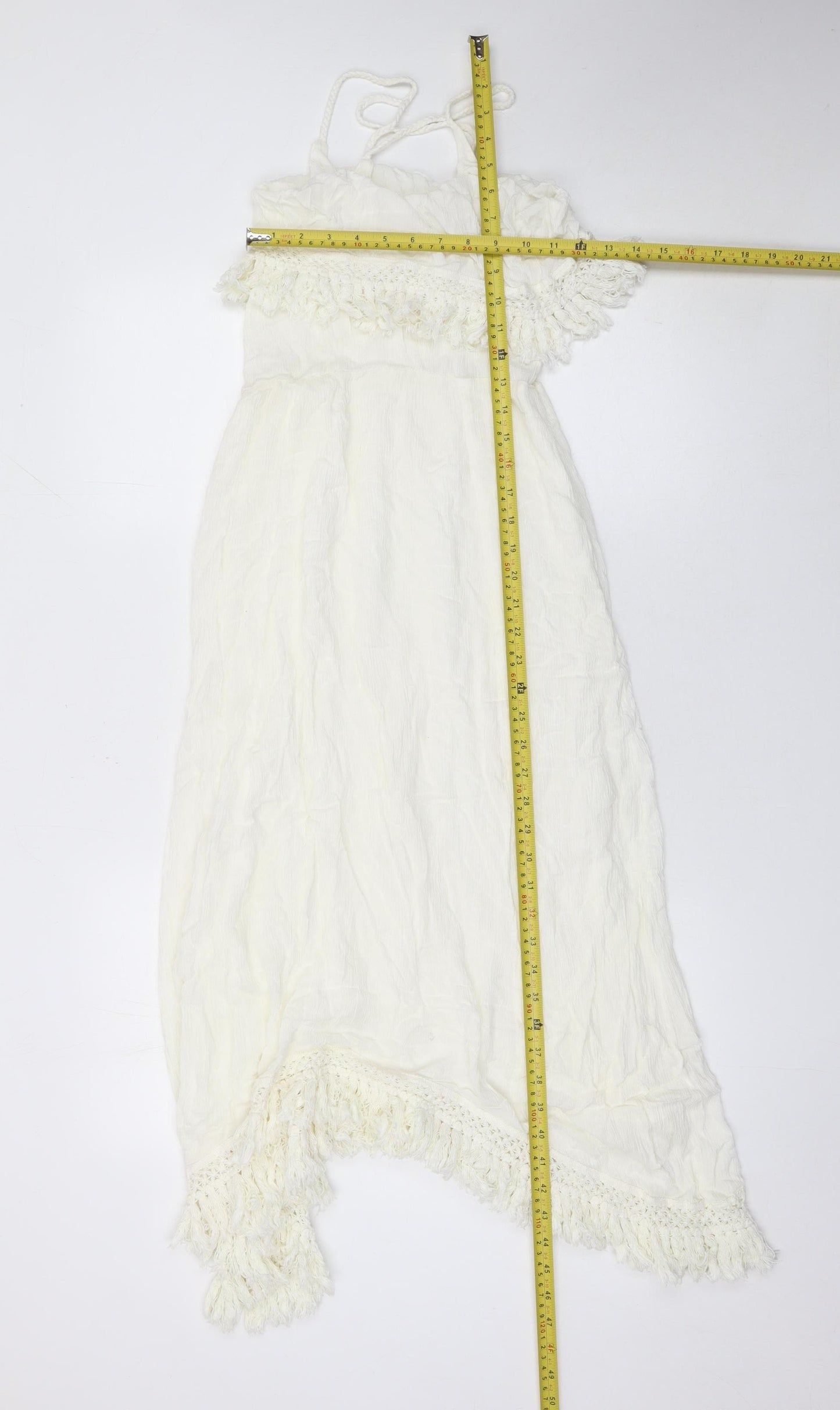 Jennyfer Women Ivory Crochet Fringe Boho Midi Slip Dress Size S