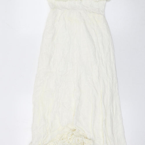 Jennyfer Women Ivory Crochet Fringe Boho Midi Slip Dress Size S