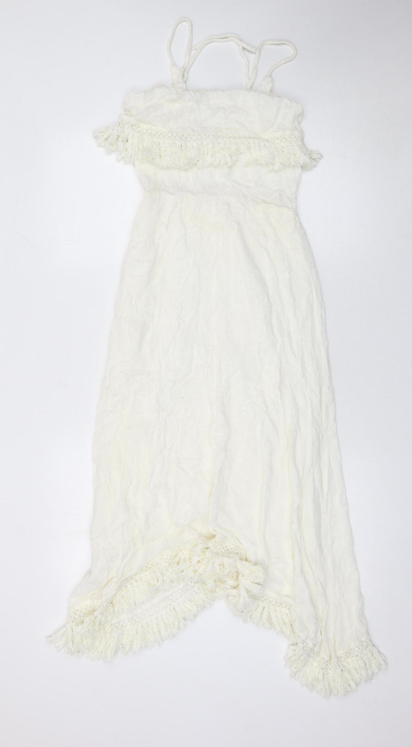 Jennyfer Women Ivory Crochet Fringe Boho Midi Slip Dress Size S