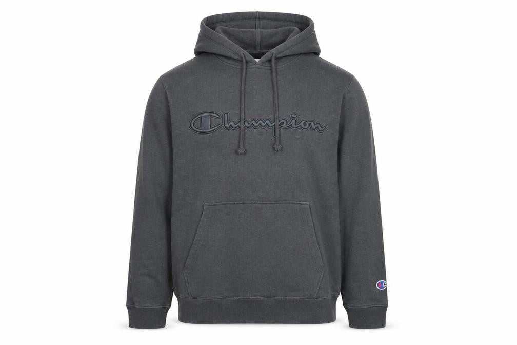 Front view of Champion Men’s Grey Pullover Hoodie S Regular Fit Logo Sweatshirt