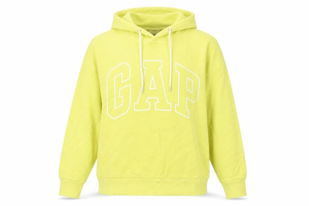 Front view of Gap Women Yellow Pullover Hoodie Small Cotton Blend Sweatshirt