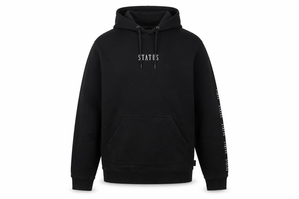 Front view of Status Men's Black Pullover Hoodie, size L, Graphic Logo Hooded Sweatshirt
