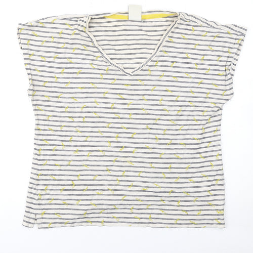Weird Fish Womens White Striped V-Neck Cotton T-Shirt Size 14