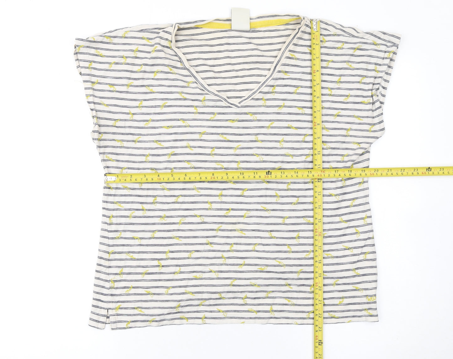 Weird Fish Womens White Striped V-Neck Cotton T-Shirt Size 14