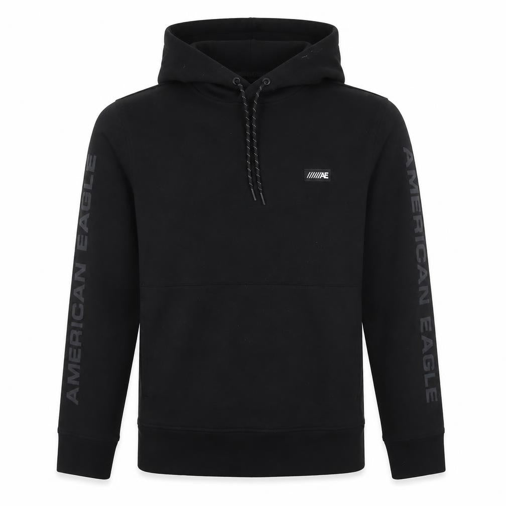 Front view of American Eagle men’s black xs pullover hoodie with logo graphic