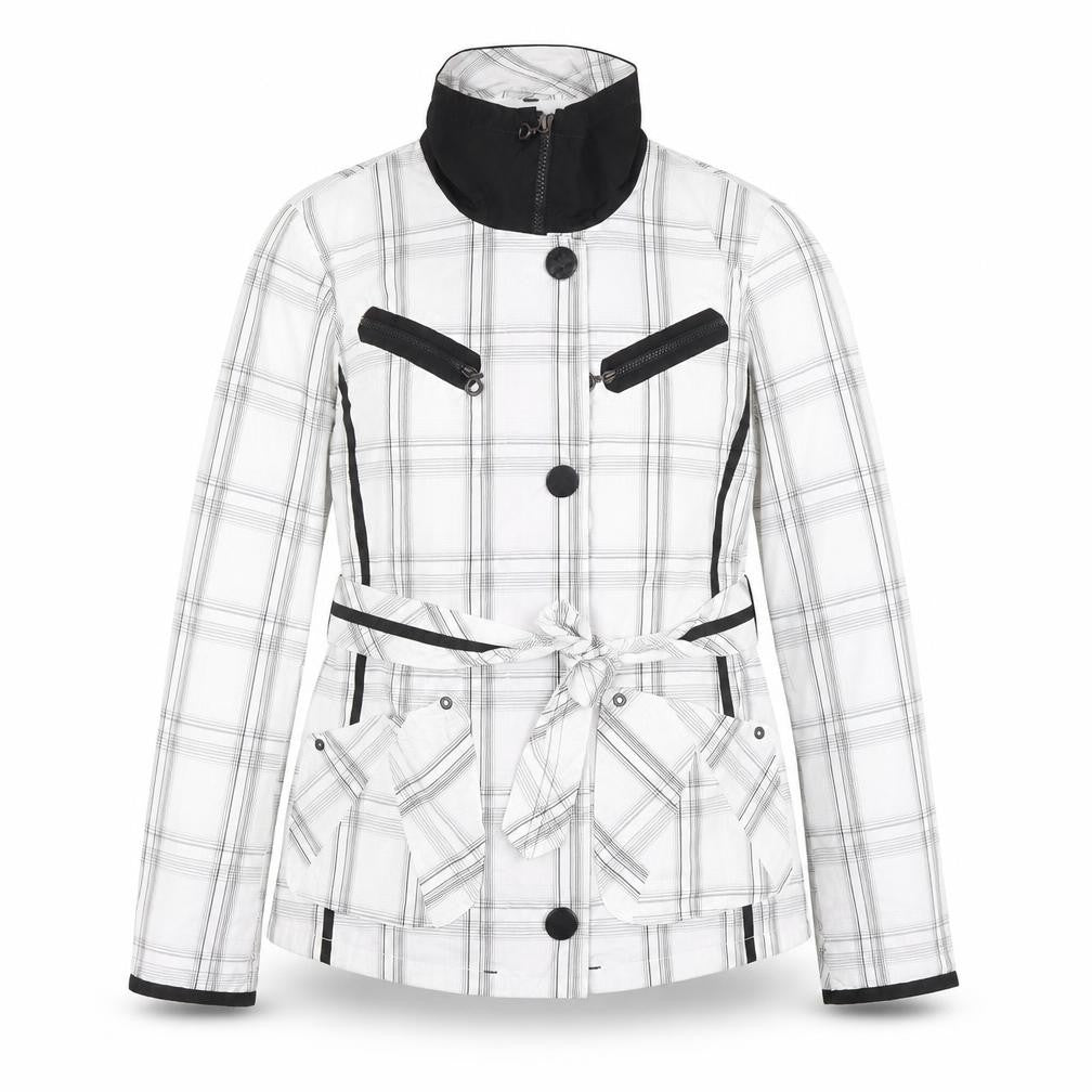 Front view of Frandsen women’s white check rain coat jacket, size UK 8, waterproof belted