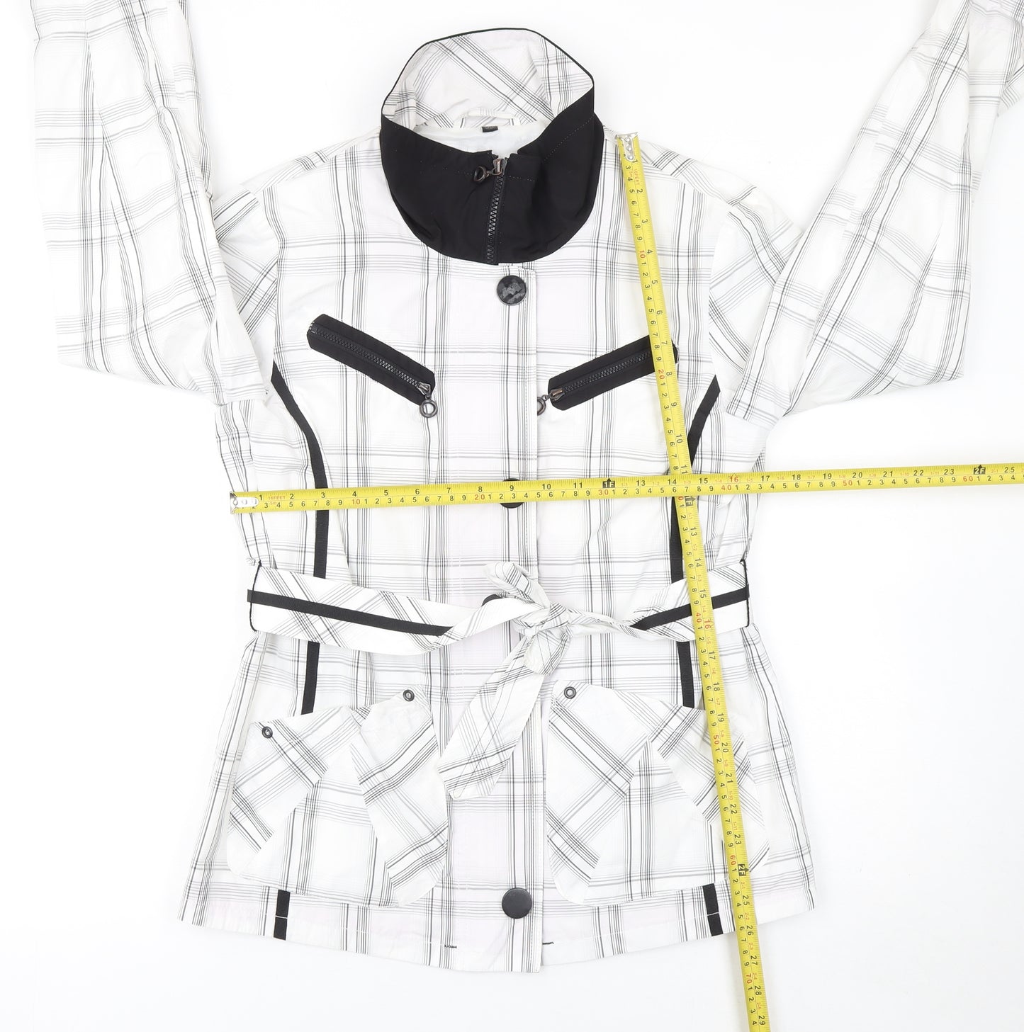 Frandsen Womens White Check Rain Coat Jacket Size 8 Waterproof Belted