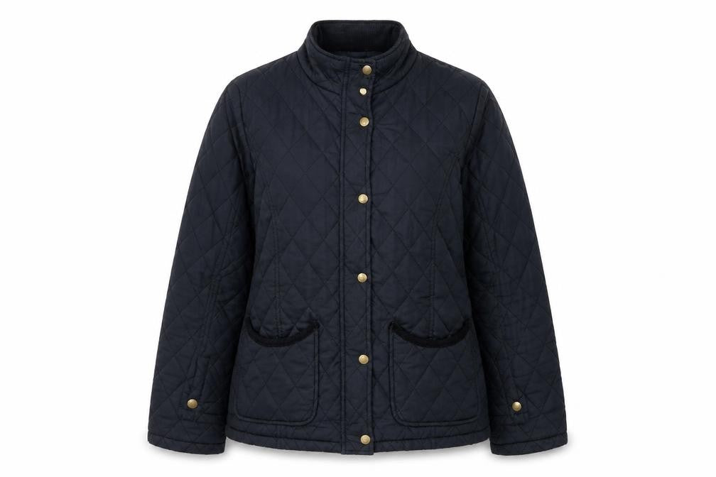 Front view of Jack Murphy women’s black quilted jacket, size UK 10, regular padded coat