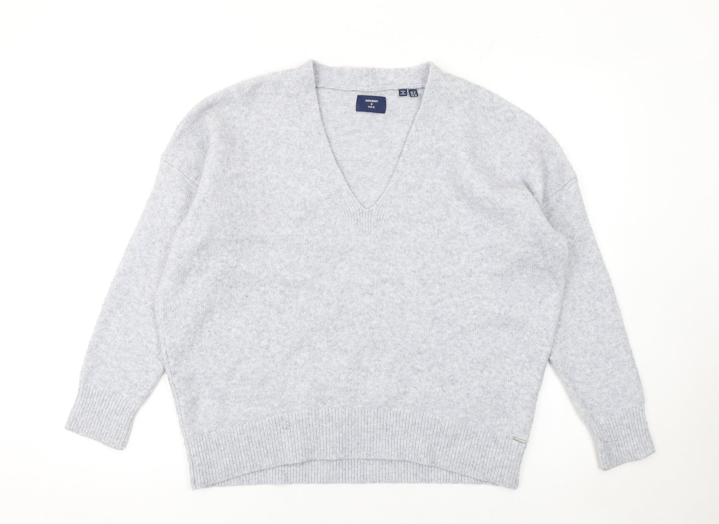 Superdry Women Grey V-Neck Wool Blend Pullover Jumper Size 10