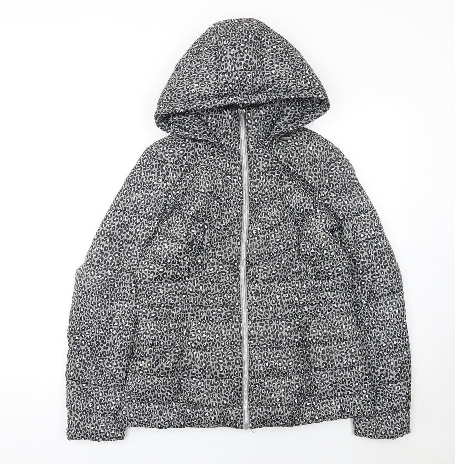 F&F Women’s Grey Leopard Print Hooded Puffer Jacket Size 10