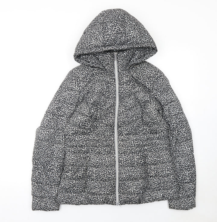 F&F Women’s Grey Leopard Print Hooded Puffer Jacket Size 10