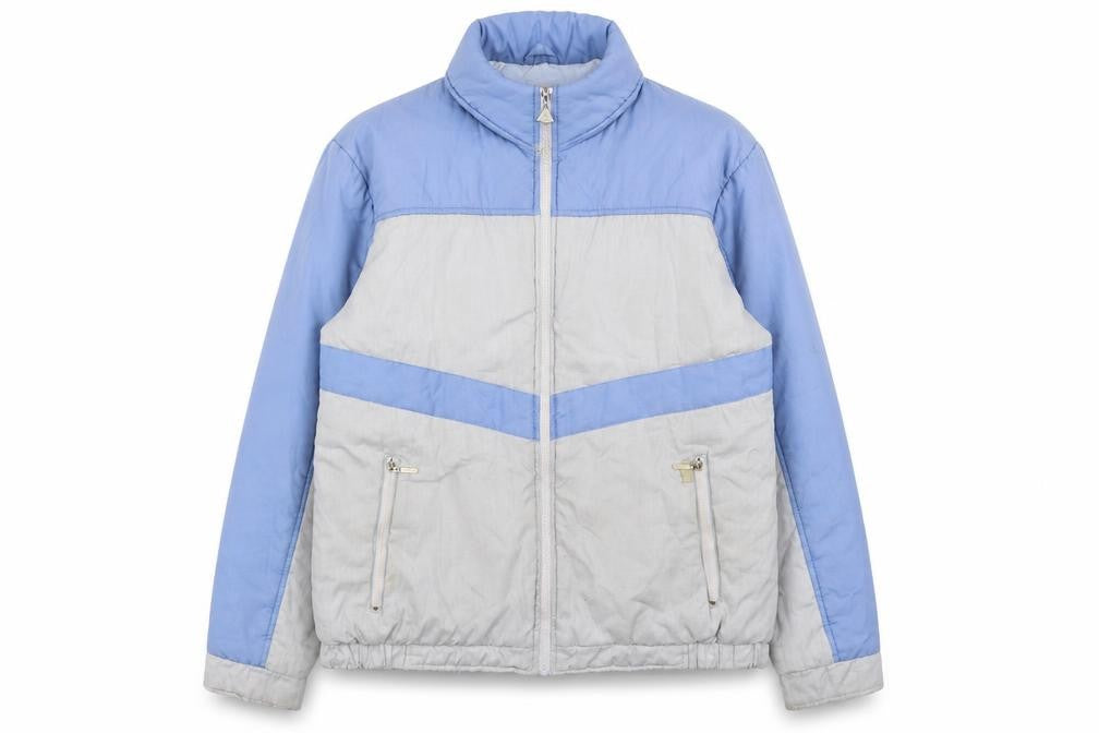 Front view of Lord Anthony women’s blue grey vintage puffer jacket m winter zip up