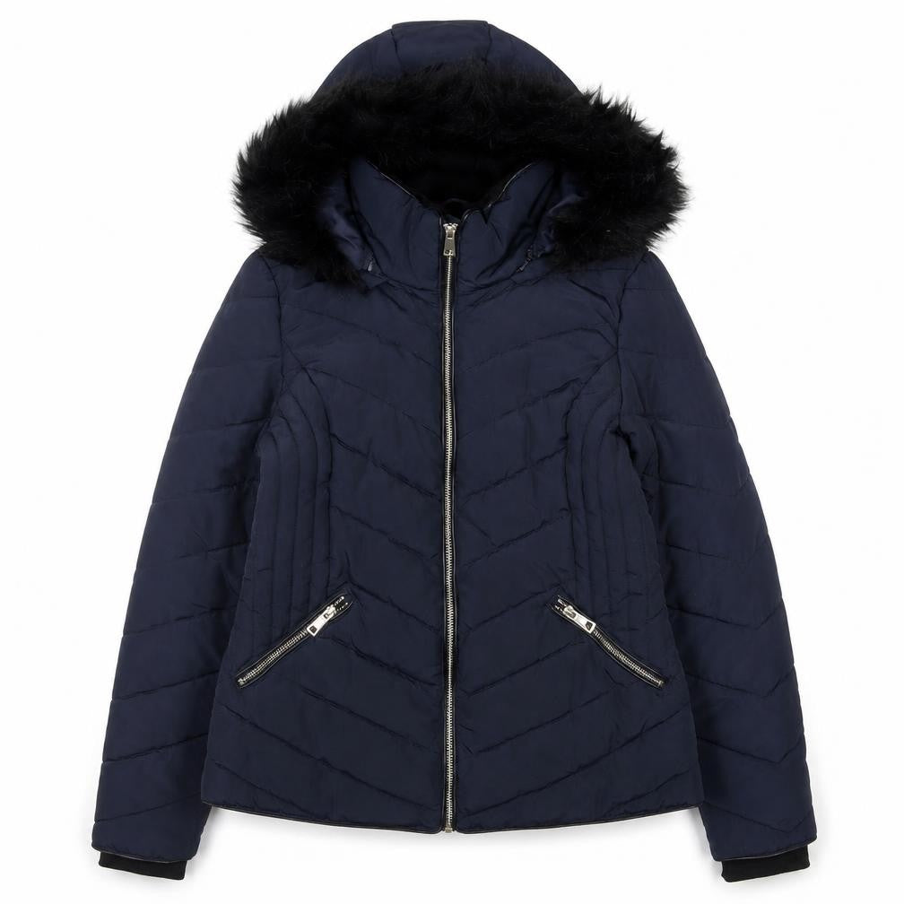 Front view of F&F Women's Blue Hooded Quilted Puffer Jacket, size 12