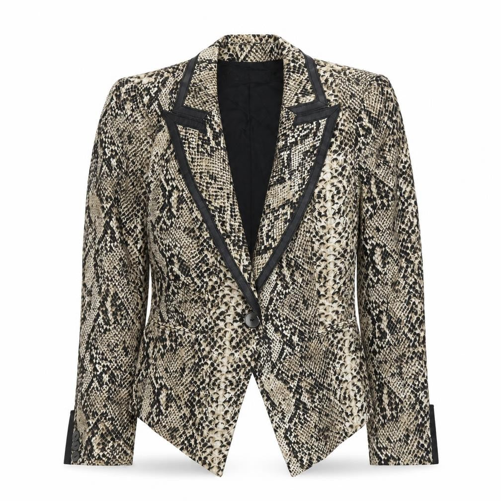 Front view of Zara Woman Beige Snake Print Blazer Jacket Small Single-Breasted