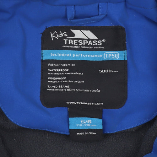 Trespass Boys Blue Waterproof Hooded Parka Coat 5-6 Years Winter Lined
