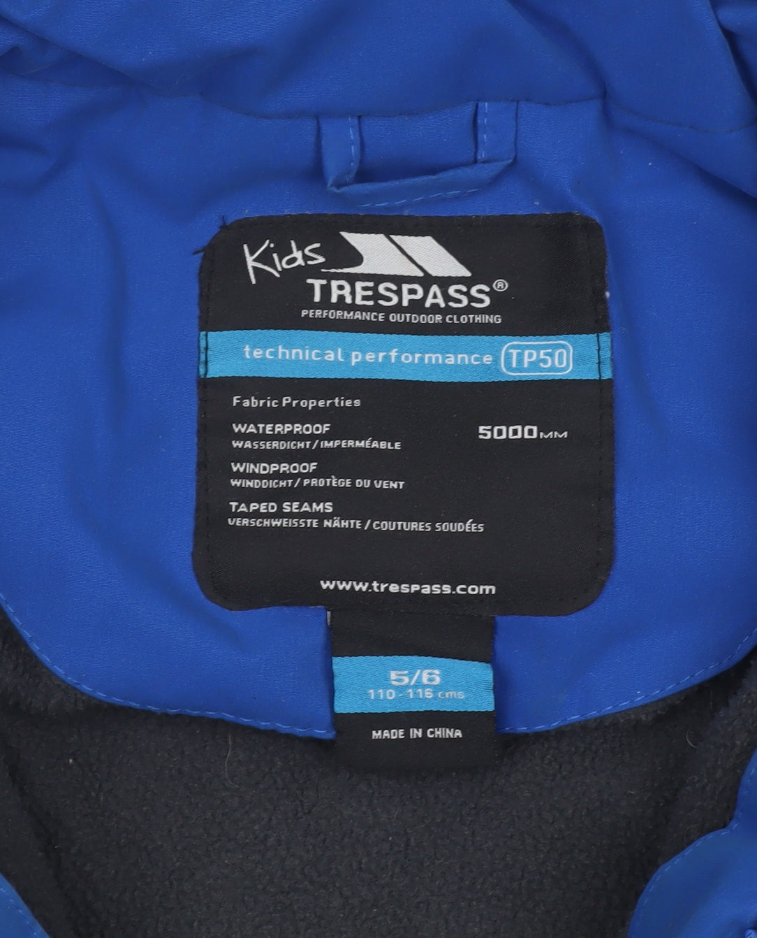 Trespass Boys Blue Waterproof Hooded Parka Coat 5-6 Years Winter Lined