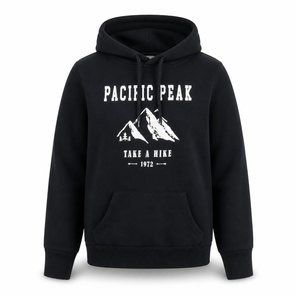 Front view of Primark Women’s Black Pullover Hoodie, size UK 4, Pacific Peak Graphic