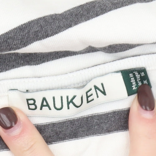 Baukjen Womens White Grey Striped Boat Neck Long Sleeve Cotton T-Shirt Size 16