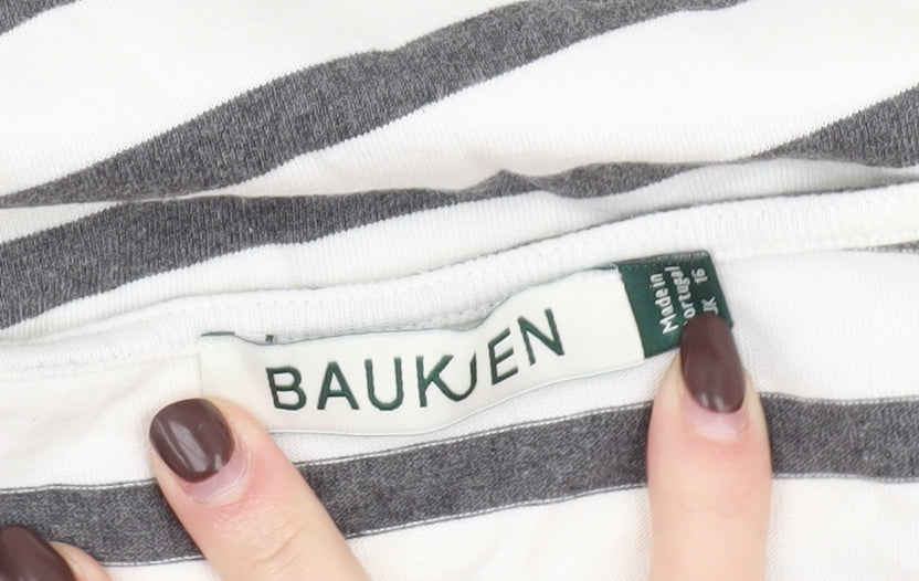 Baukjen Womens White Grey Striped Boat Neck Long Sleeve Cotton T-Shirt Size 16