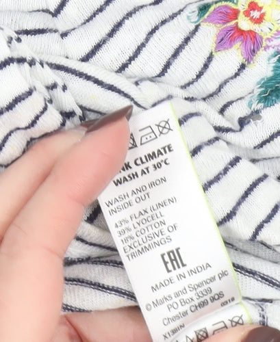 Marks and Spencer Women’s Ivory Floral Embroidered Striped T-Shirt Size 10