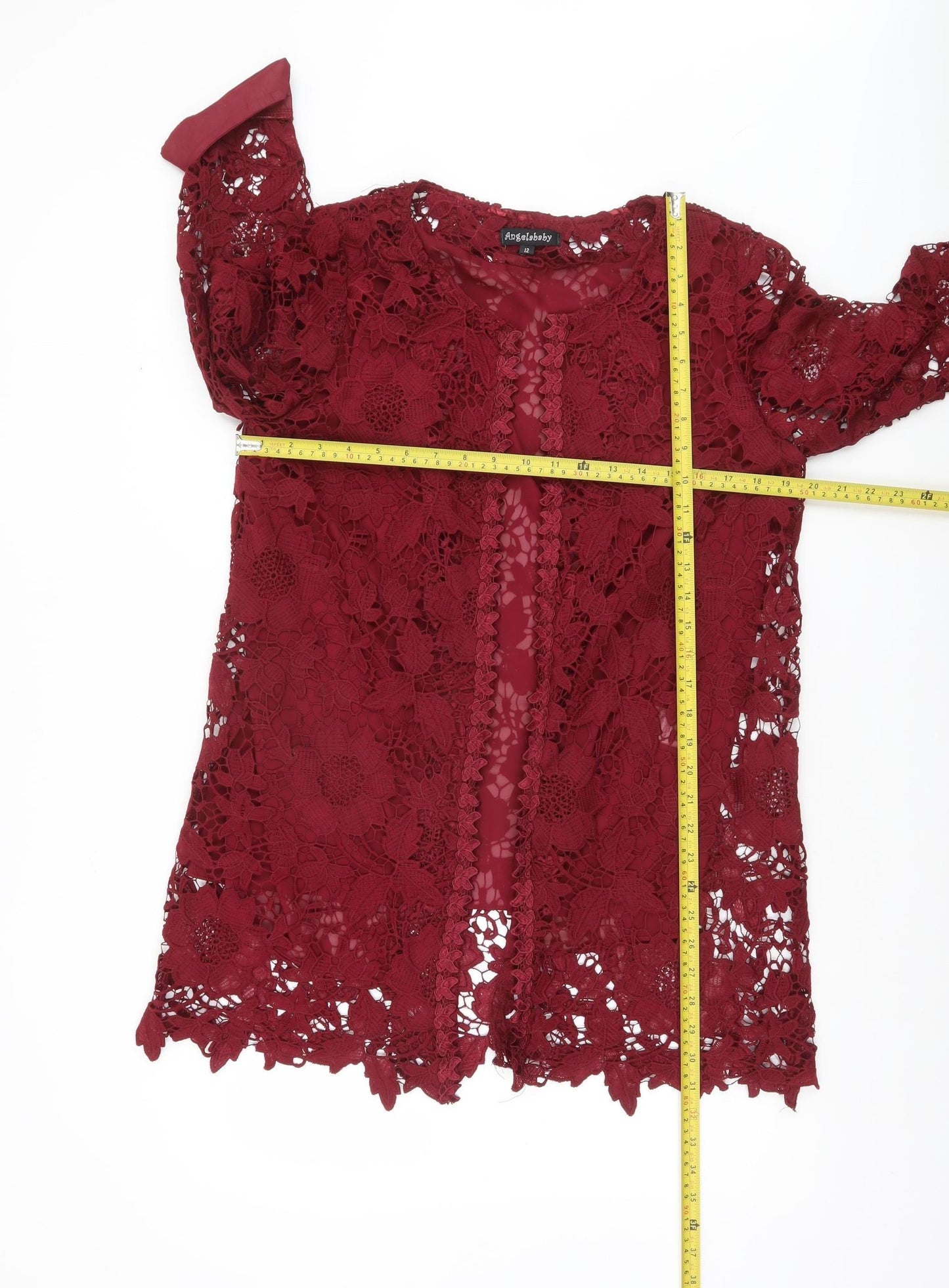 Angelababy Women Red Lace 3/4 Sleeve Mid-Length Jacket Size 12