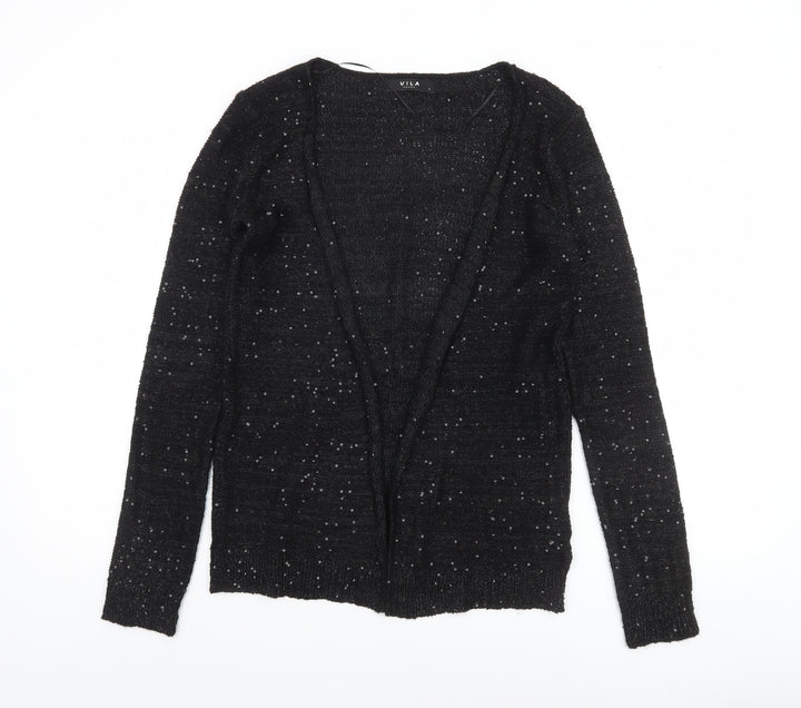 Vila Women’s Black Sequin Open-Knit Long Sleeve Cardigan Size S