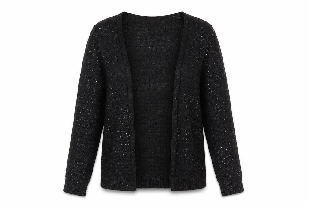 Vila Women’s Black Sequin Open-Knit Long Sleeve Cardigan Size S