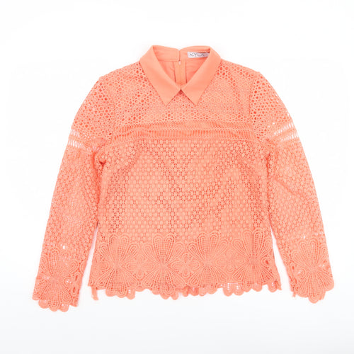 Kyla Women's Orange Lace Collared Long Sleeve Blouse Size 2