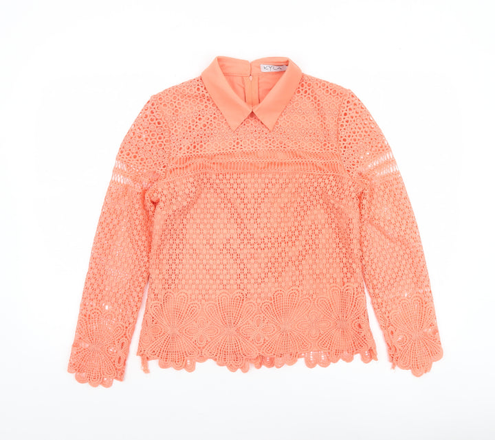 Kyla Women's Orange Lace Collared Long Sleeve Blouse Size 2