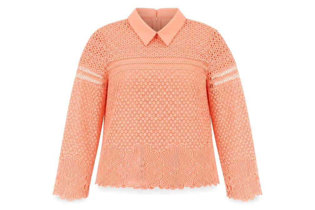 Front view of Kyla Women's Orange Lace Collared Long Sleeve Blouse, size 2