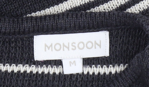 Monsoon Women Black Stripe Knit Shift Dress M 3/4 Sleeve